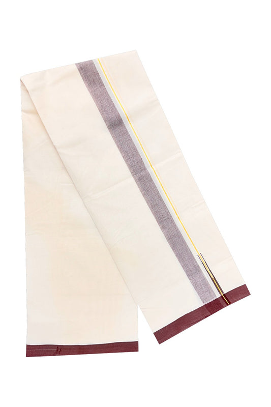 10% DISCOUNT ! KaithariKada Balaramapuram 100% Cotton Double Off white Mundu/Dhoti-100X100-   Kasavu & LIGHT  2.inch MAROON CHUTTY  Kara.-1.