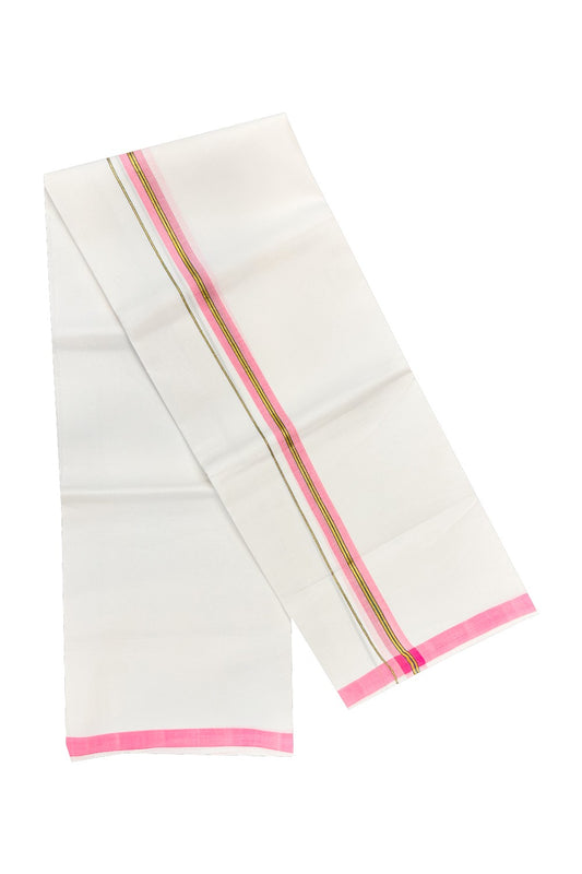 20% OFFER! KaithariKada 100% Cotton Balaramapuram HANDLOOM Single  PURE WHITE Mundu/Dhoti - 1.5 inch Pink & Kasavu Kara Stripes- 1KAI