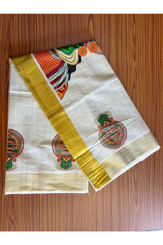 10% Discount!! Kaitharikada Kerala Saree - Kasavu Tissue - Kasavu Zari & Kathakali Mural Prints in Gold- 1KK1008VIN