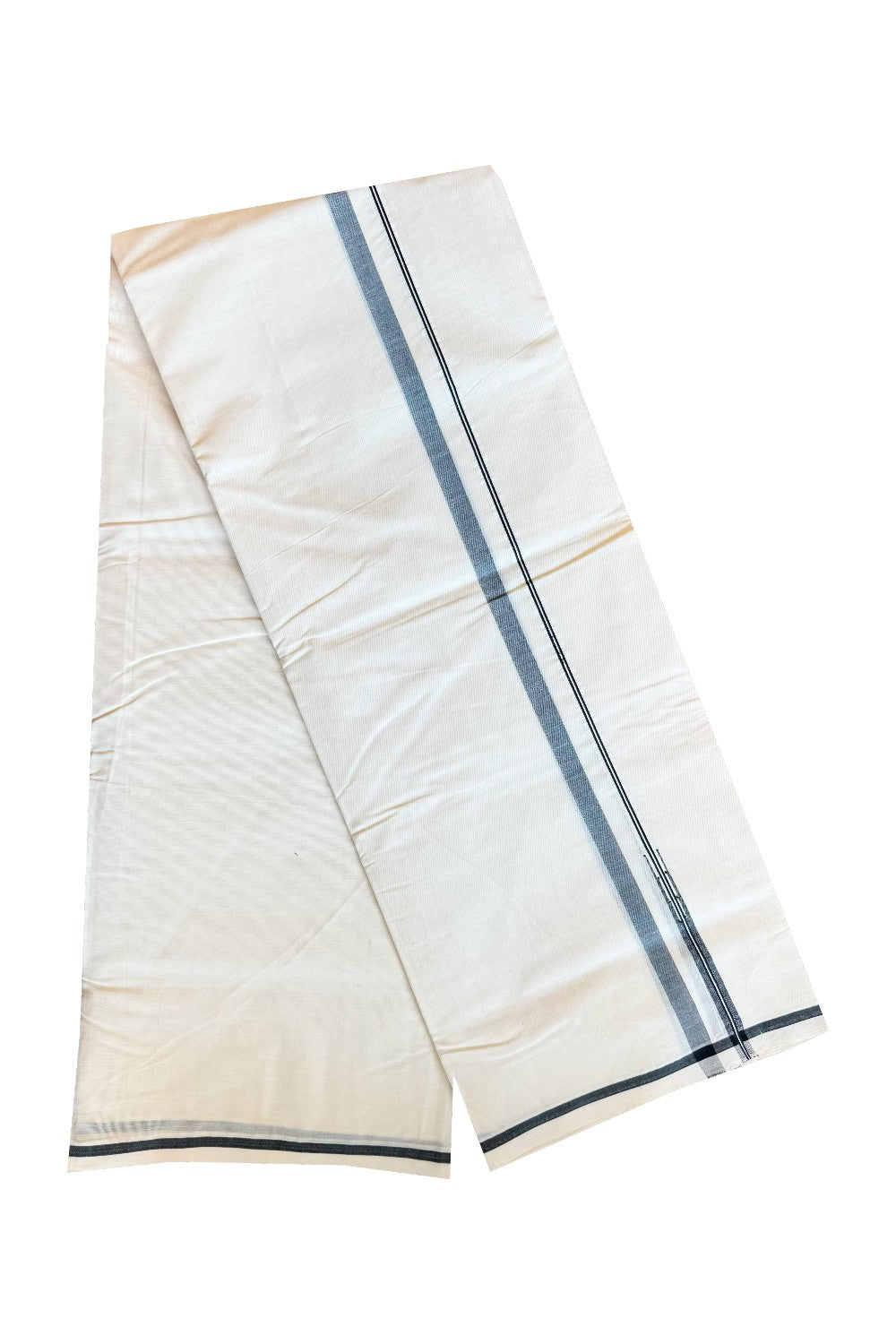 32% DISCOUNT ! KaithariKada 100% Cotton OFF WHITE Double - (Unbleached) Dhoti/Mundu- Black Mulloth + Puliyilakkara Mundu 1