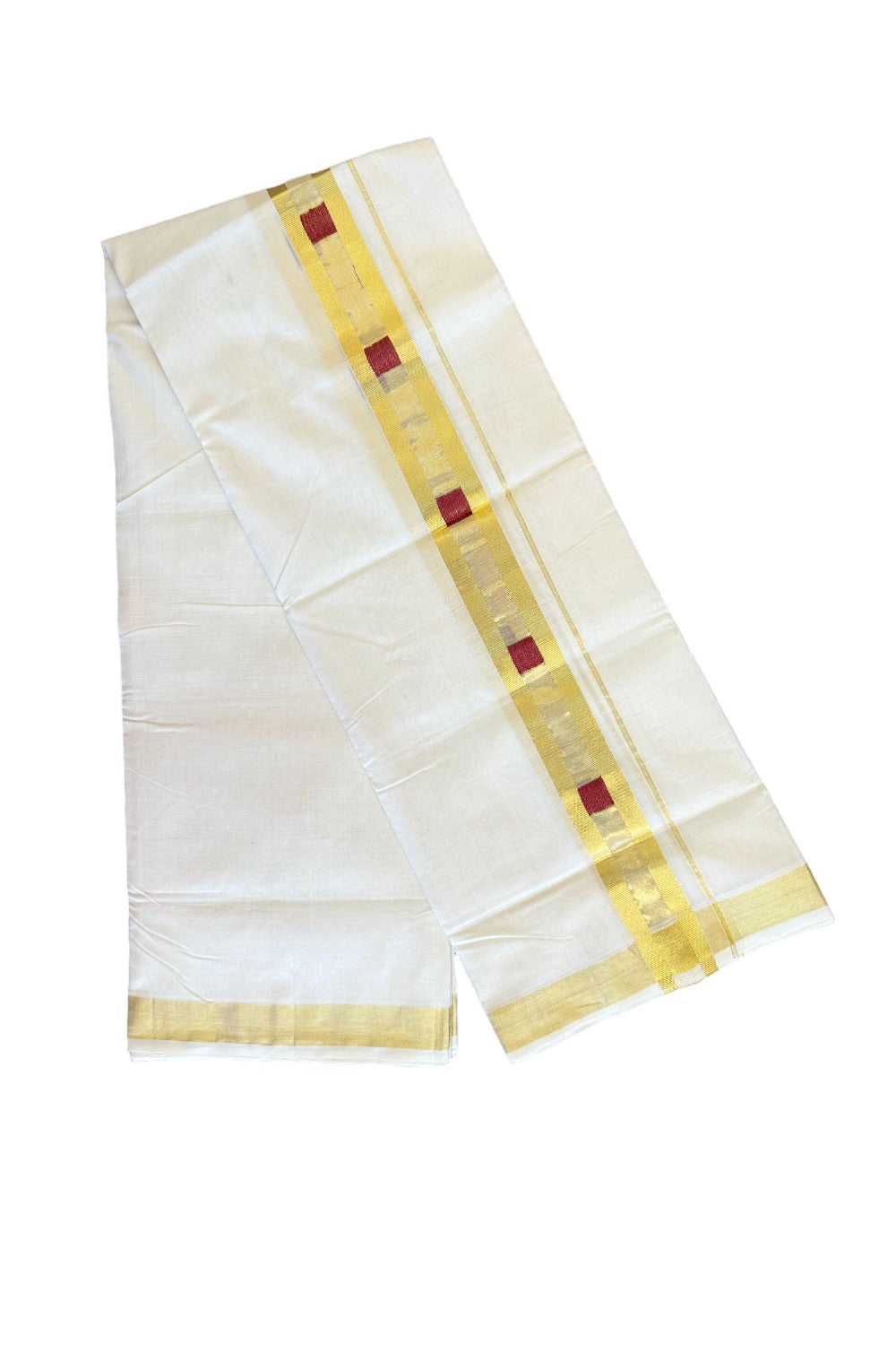 15% Discount!!! KaithariKada HANDLOOM UNAKKUPAAV Balaramapuram - 100% PURE Cotton off white Double Mundu/Dhoti - 2.5 inch Kasavu with centre tissue &  Red sqaure designed kara - 1KK415SOM