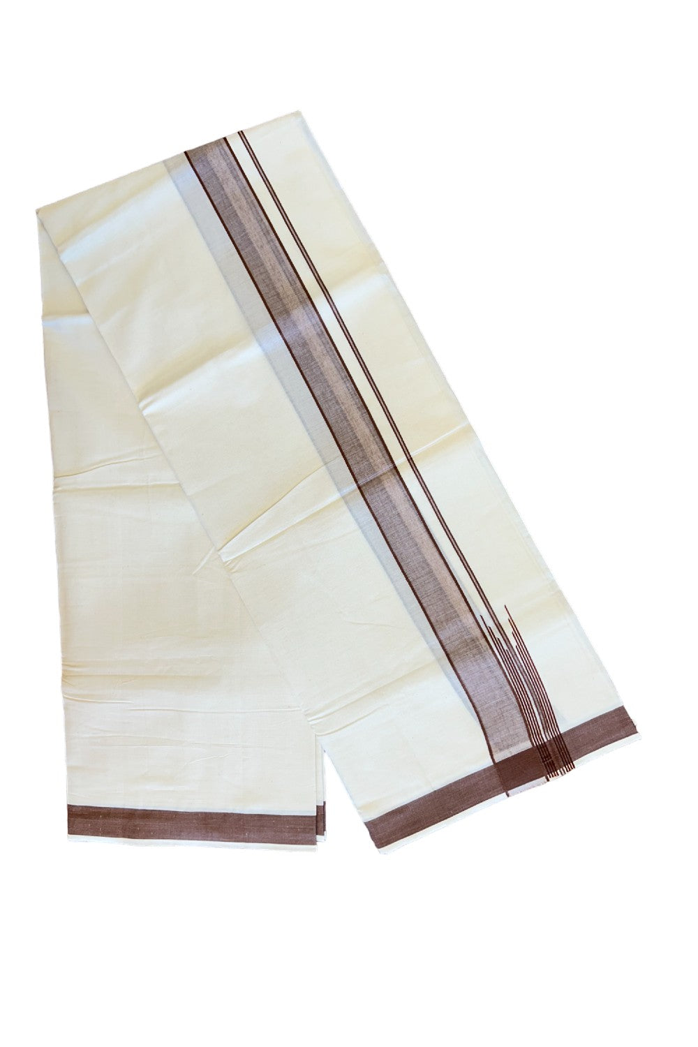 ONAM OFFER 22%! KaithariKada Exclusive 100% PREMIUM Cotton OFF WHITE (Unbleached) Double Dhoti/Mundu- Cotton Brown Kara Printed Striped Chutty - 1KK426MC