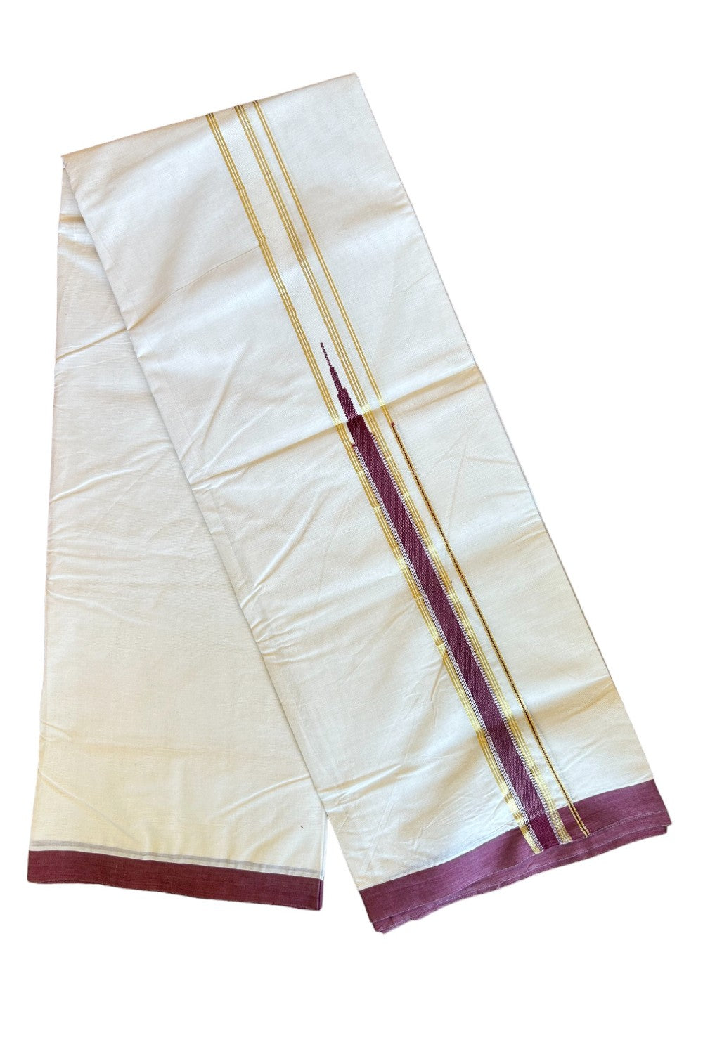 25% Discount !!KaithariKada Balaramapuram 100% Cotton off white (Unbleached) Double Mundu/Dhoti-100x100 1.75 inch Heavy Chutty  Kasavu & Wine Red kara - 1KK429ASH