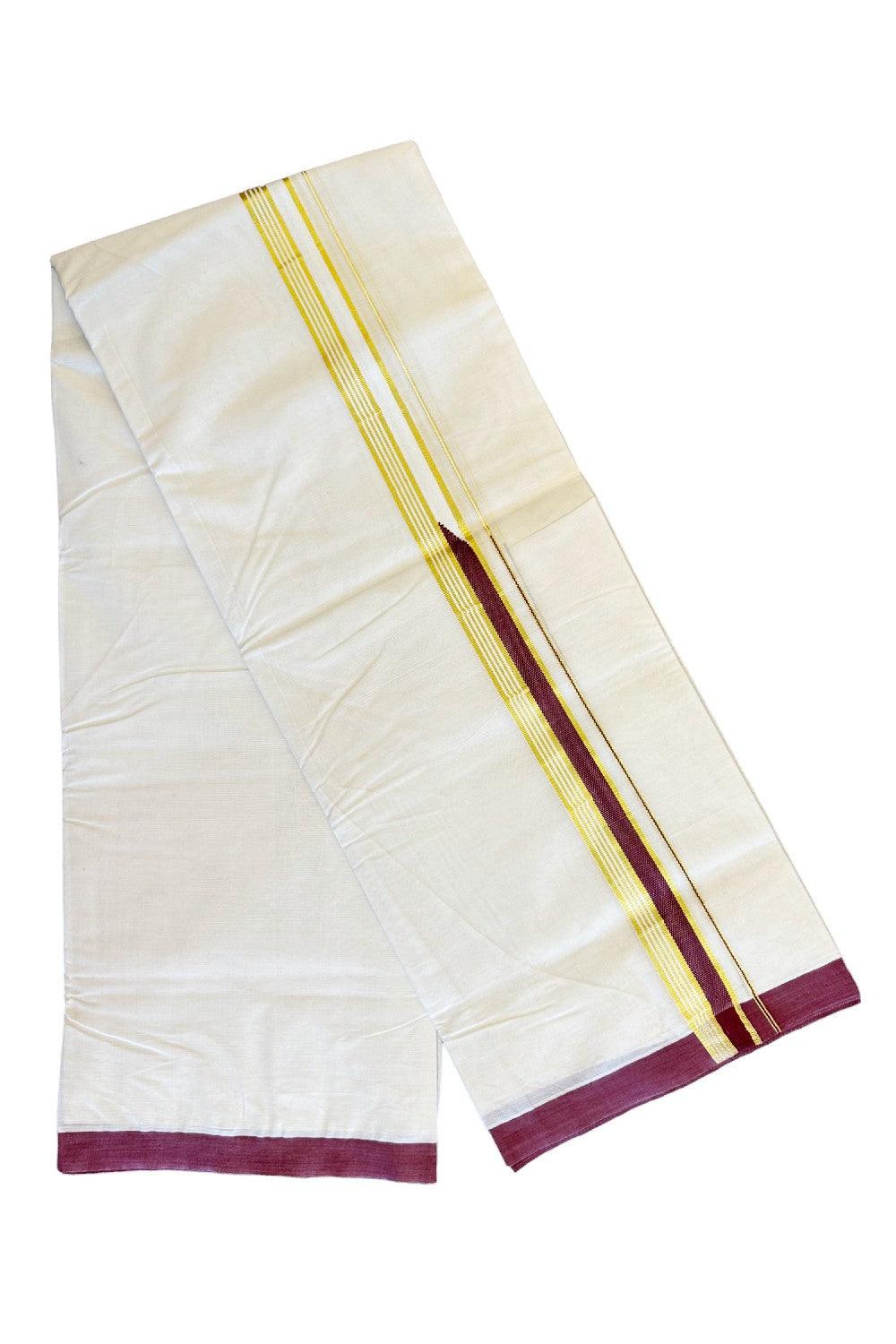 15% DISCOUNT! KaithariKada Balaramapuram 100% Cotton Double Off white (Unbleached) Mundu/Dhoti-100x100 2 inch Chutty Heavy Designer Vine Red & Kasavu Kara-. 1KK446ASH