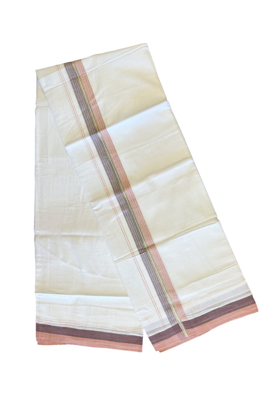 28% DISCOUNT!!! KaithariKada Balaramapuram 100% Cotton PURE white Double Mundu/Dhoti-100x90   2 Inch Silver kasavu Peach & Purple shaded stripes kara  - 1KK448VIN