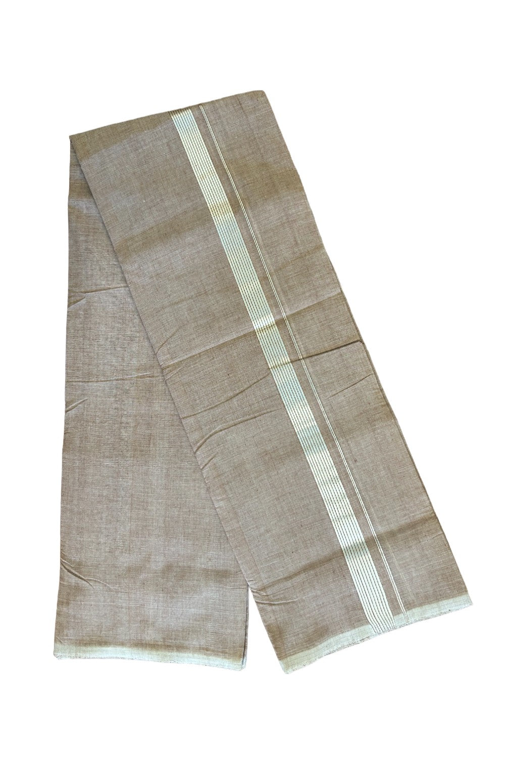 15% Discount! KaithariKada Handloom 100% Cotton Double Mundu/Dhoti - Brown Colour Body & Silver Striped 1.5inch Kara 3.80 mtr - 1KK452SOM