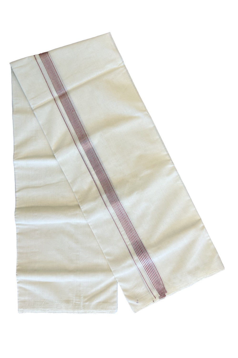 15% DISCOUNT!! KaithariKada HANDLOOM UNAKKUPAAV Balaramapuram - 100% PURE Cotton OFF White (Unbleached) Double Mundu/Dothi -  Red & Silver kasavu Striped kara - 1KK458SOM