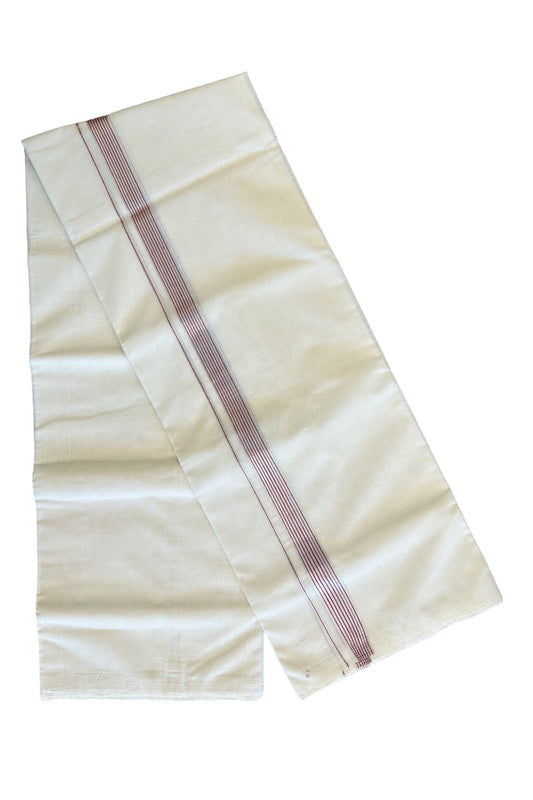 15% DISCOUNT!! KaithariKada HANDLOOM UNAKKUPAAV Balaramapuram - 100% PURE Cotton OFF White (Unbleached) Double Mundu/Dothi -  Red & Silver kasavu Striped kara - 1KK458SOM