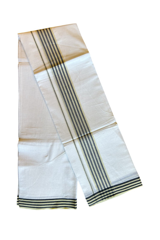 29% DISCOUNT! KaithariKada Balaramapuram 100% Cotton Ultra WHITE Double Mundu/Dhoti-100x100 2.5 inch Light Yellow & Black Stripes Cotton kara 3.70m- 1KK493RAM