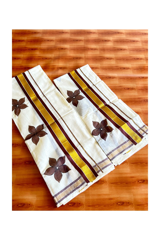 22% Discount!! KaithariKada - Kerala Cotton Single Set Mundu - Kasavu Kara with Brown Flower Design - 1KK495VIN