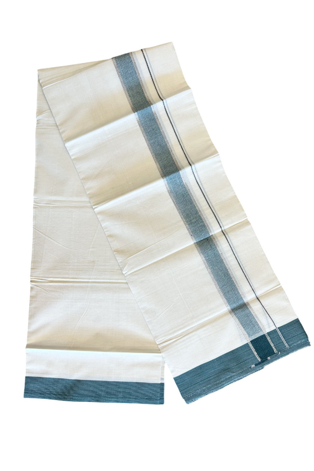 KaithariKada Balaramapuram 100% Cotton Double Off white Mundu/Dhoti-100X100- 2.25inch SILVER  KASAVU & Green Kara - 1KK5001GAN