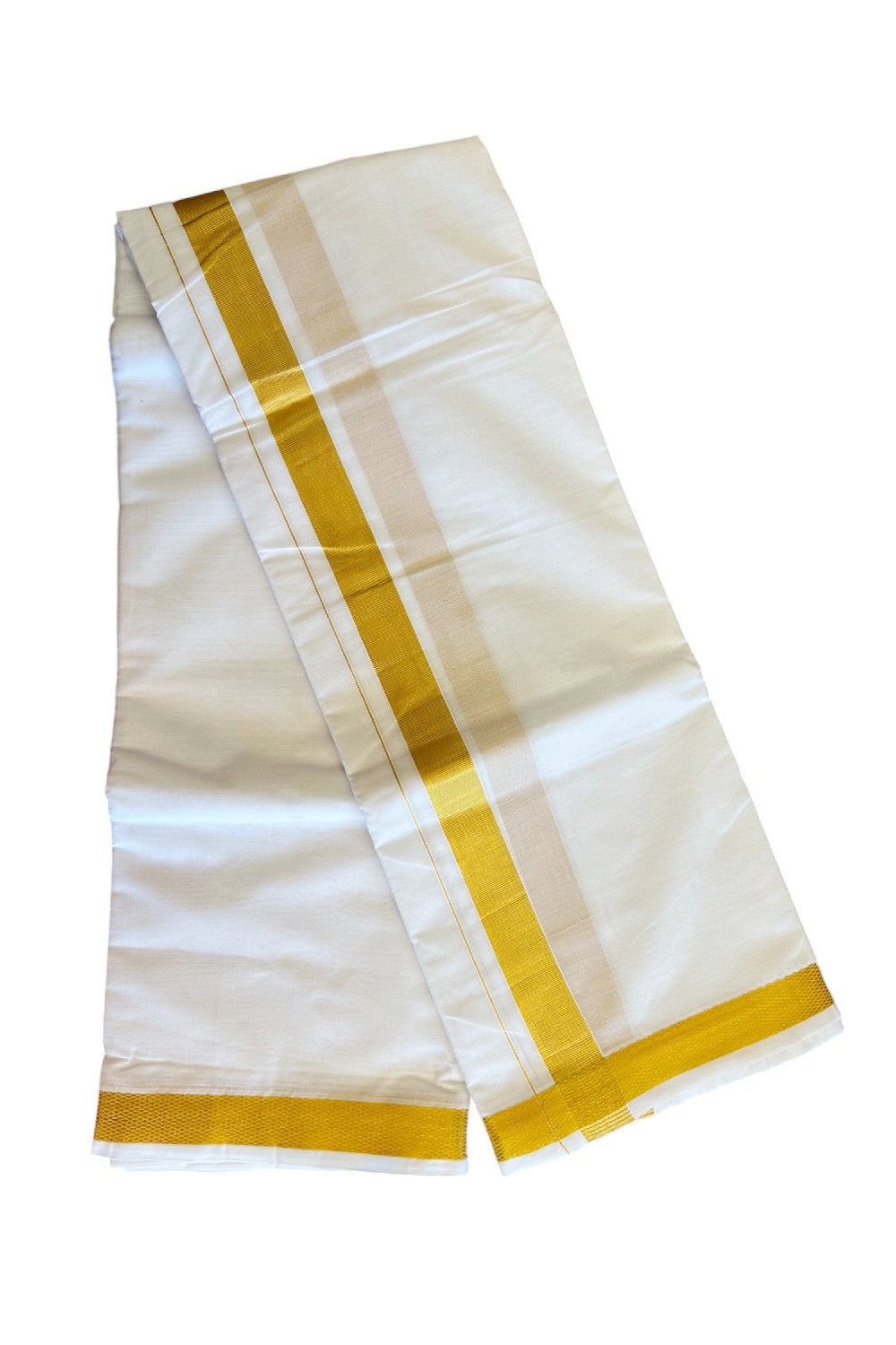 15% DISCOUNT! KaithariKada Cotton Mix PURE White - 80x80 thread - 80% Cotton & 20% Polyester - NORTH INDIAN  ATTACHED GAMCHA 9X5 Dhoti - KASAVU 1.25 inch Border - 1KK5008PMC