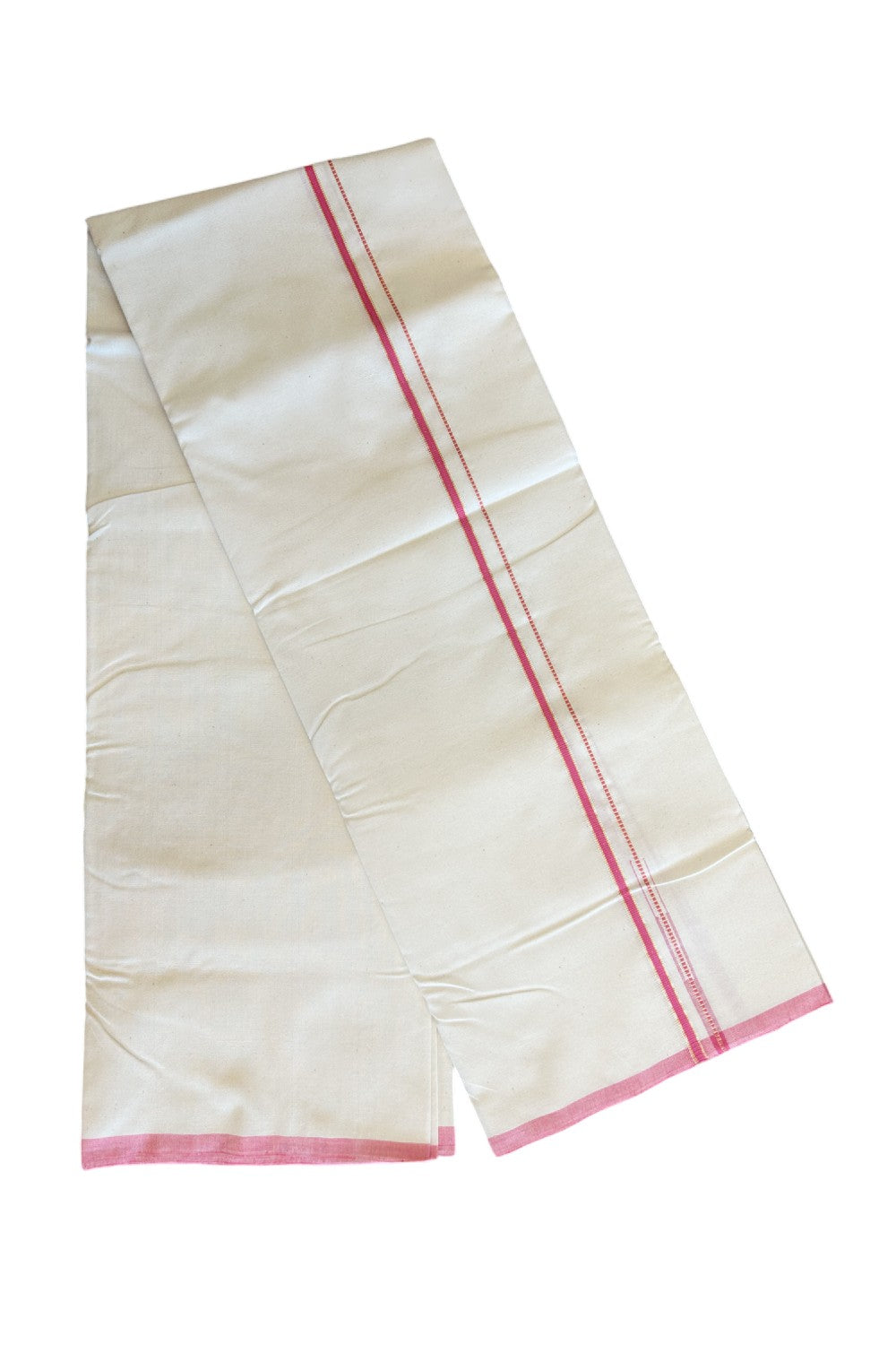 SIGNATURE KAITHARIKADA EXCLUSIVE SINGLE DHOTI - 100% Cotton Balaramapuram HANDLOOM Single Mundu/Dhoti - Off White - (Unbleached) 0.25 Inch Muthukuri Pink & KASAVU Chutty Kara- 1KK5010KAI