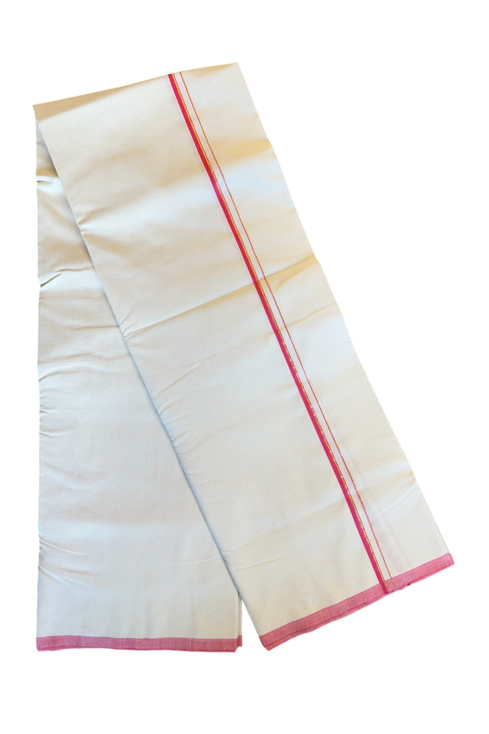 SIGNATURE KAITHARIKADA EXCLUSIVE SINGLE DHOTI - 100% Cotton Balaramapuram HANDLOOM Single Mundu/Dhoti - Off White - (Unbleached) 0.5 inch Pink & Gold Kasavu Kara- 1KK5013KAI