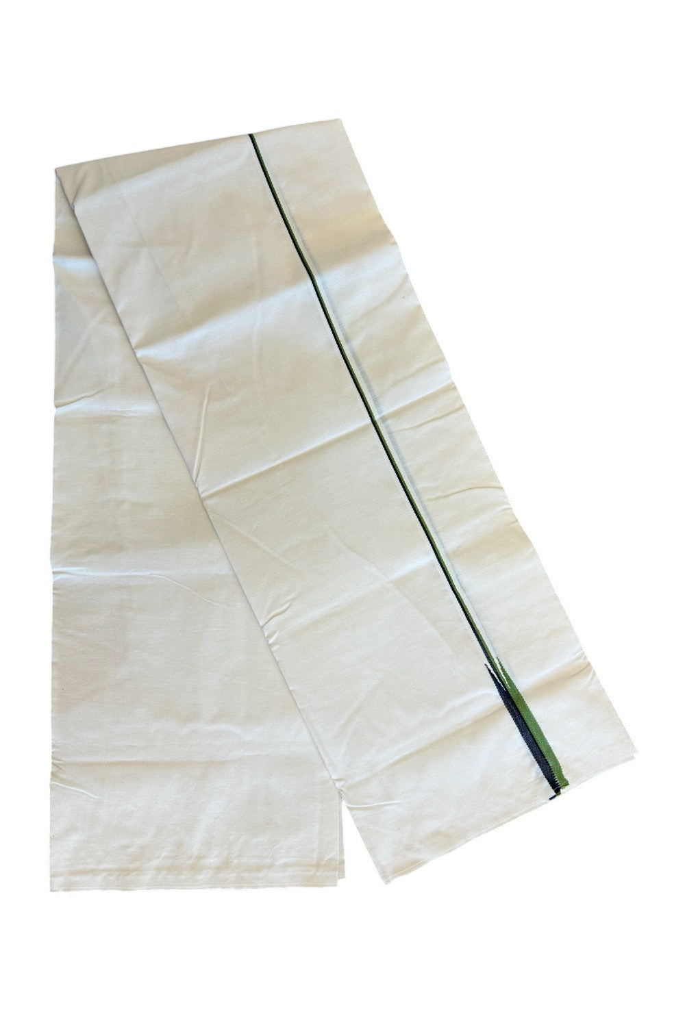 28% DISCOUNT ! KaithariKada Balaramapuram 100% COTTON SINGLE OFF WHITE - (Unbleached) Mundu/Dhoti-100X100 -  0.5 Inch Puliyilakkara Green & Black Chutty (2 metre / 4 muzham)-  1KK5018ASH