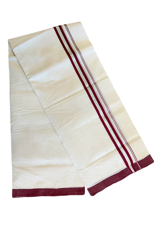 15% DISCOUNT!! KaithariKada HANDLOOM Millpaav Balaramapuram - 100% PURE Cotton OFF White Double - (Unbleached) Mundu/Dothi - 1.75 inch Maroon & Silver Kasavu Kara 4.5 Meters (10 Muzham) - 1KK5020RAM