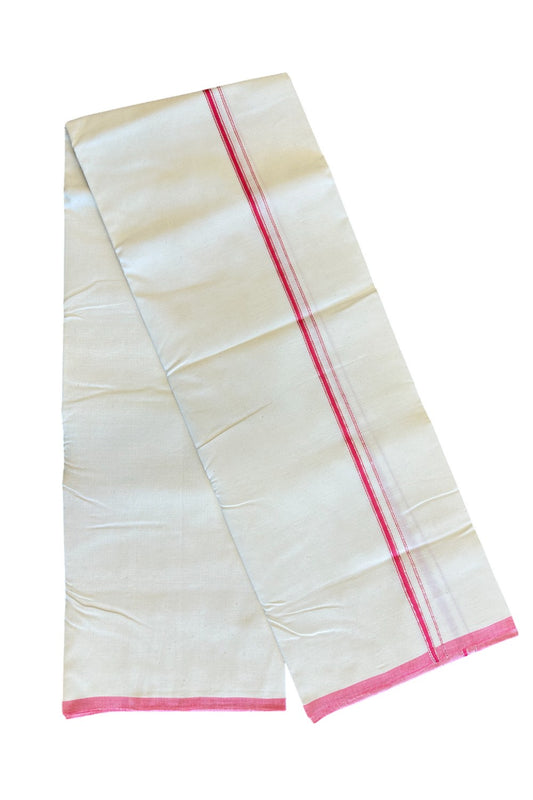 SIGNATURE KAITHARIKADA EXCLUSIVE SINGLE DHOTI - 100% Cotton Balaramapuram HANDLOOM Single Mundu/Dhoti - Off White - (Unbleached) 2cm Pink & Silver KASAVU Kara- 1KK5021KAI