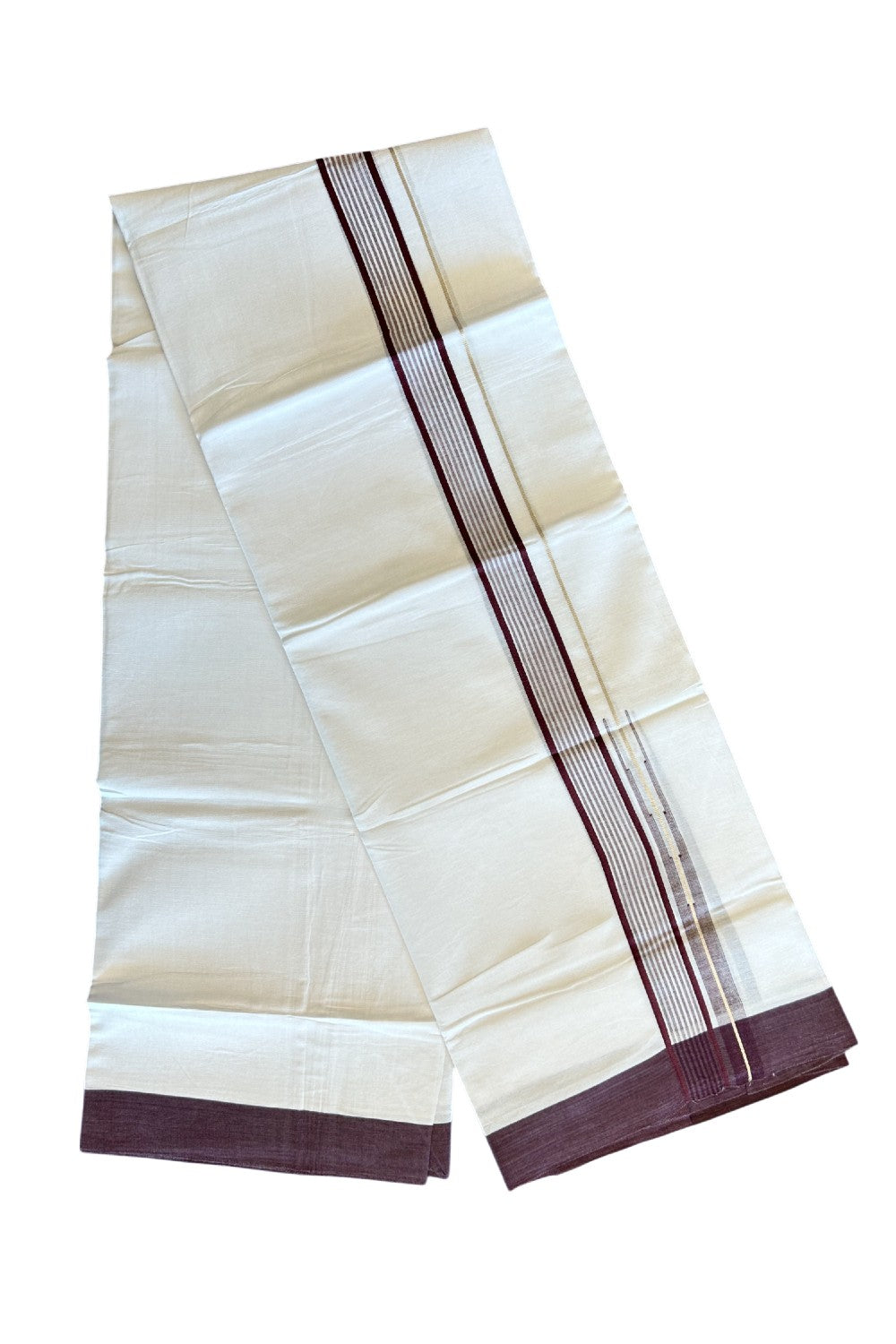 Kaitharikada  Balaramapuram 100% Pure Cotton PURE WHITE Double Mundu/Dothi - 80x92 -1.5 Inch  Maroon & Silver striped Chutty kara - 1KK5022VAN