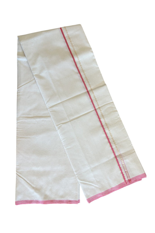 SIGNATURE KAITHARIKADA EXCLUSIVE SINGLE DHOTI - 30% Discount! 100% Cotton Balaramapuram HANDLOOM Single Mundu/Dhoti - Off White - (Unbleached) 0.25 Inch PINK & KASAVU Chutty Kara (2 meter / 4 muzham) - 1KK502KK