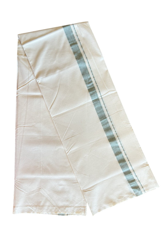 13% DISCOUNT ! KaithariKada Balaramapuram 100% COTTON SINGLE OFF WHITE - (Unbleached) Mundu/Dhoti-Twisted 100s Thread- 1.5 inch Shaded Green Kara (2 meter / 4 muzham) - 1KK5036ASH