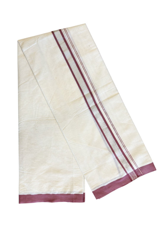 5% Discount!!! KaithariKada Balaramapuram  Double Off white - (Unbleached) Mundu/Dhoti - 80X90 - 2.25 inch SILVER  KASAVU & Dusty maroon pattern Kara - 1KK5037KAI