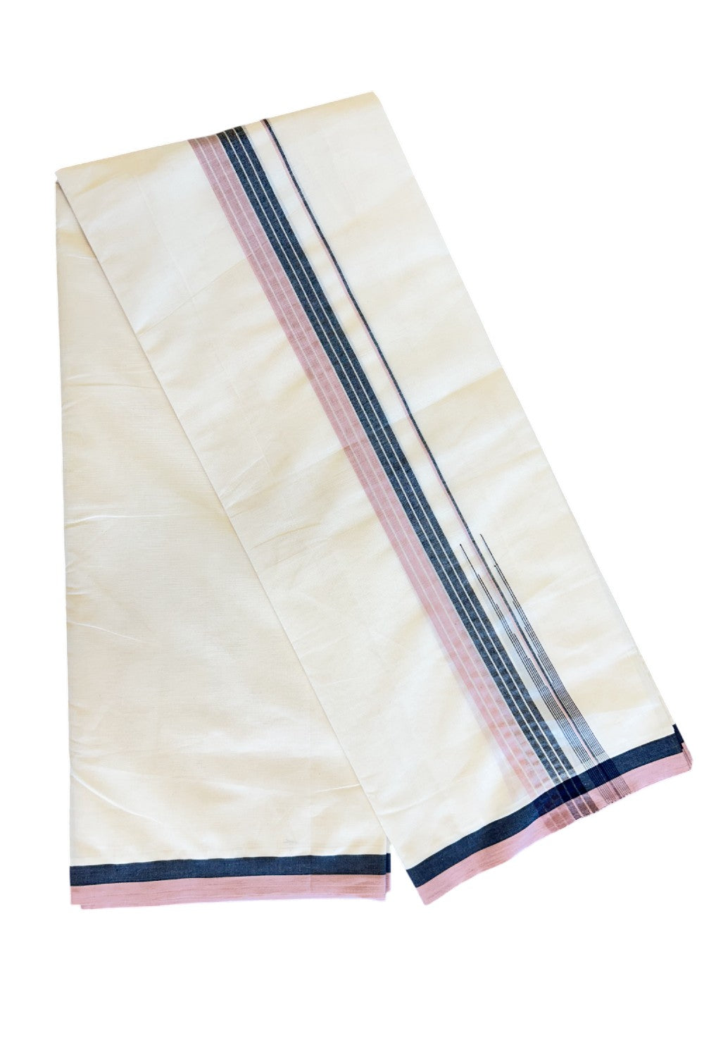 5% Discount!!! KaithariKada Balaramapuram  Double Off white - (Unbleached) Mundu/Dhoti - 80X90 - 1.75 inch Black Pink & Silver Striped puliyilakkara chutty Striped Kara- 15KK5037KAI