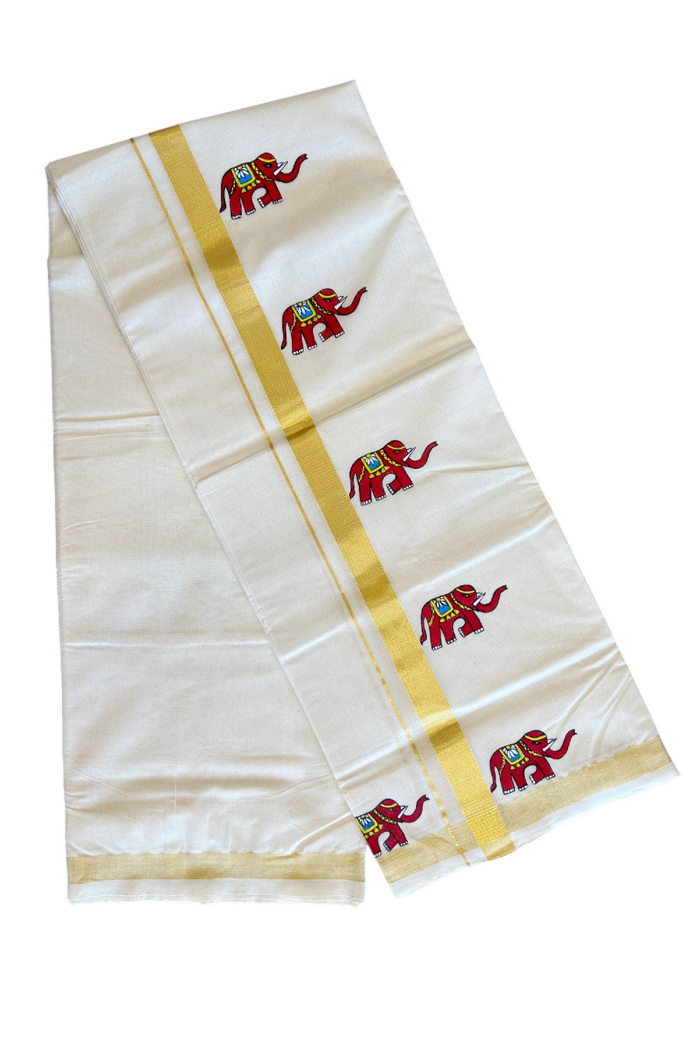 KaithariKada HANDLOOM Millpaav Balaramapuram - 100% PURE Cotton OFF White Double Mundu/Dothi - 1.75 Inch Hand Painted Elephant Design & Kasavu Kara - 1KK5038KK