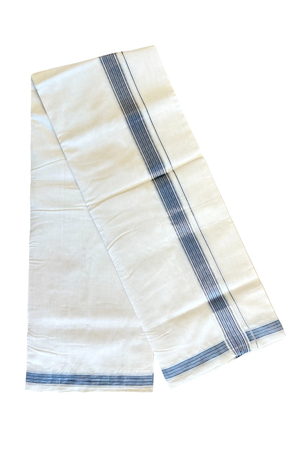 21% DISCOUNT!! KaithariKada HANDLOOM Unakkupaav Balaramapuram - 100% PURE Cotton OFF White Double Mundu/Dothi - 2 inch Peacock Blue & Silver striped pattern kara - 1KK503RAM