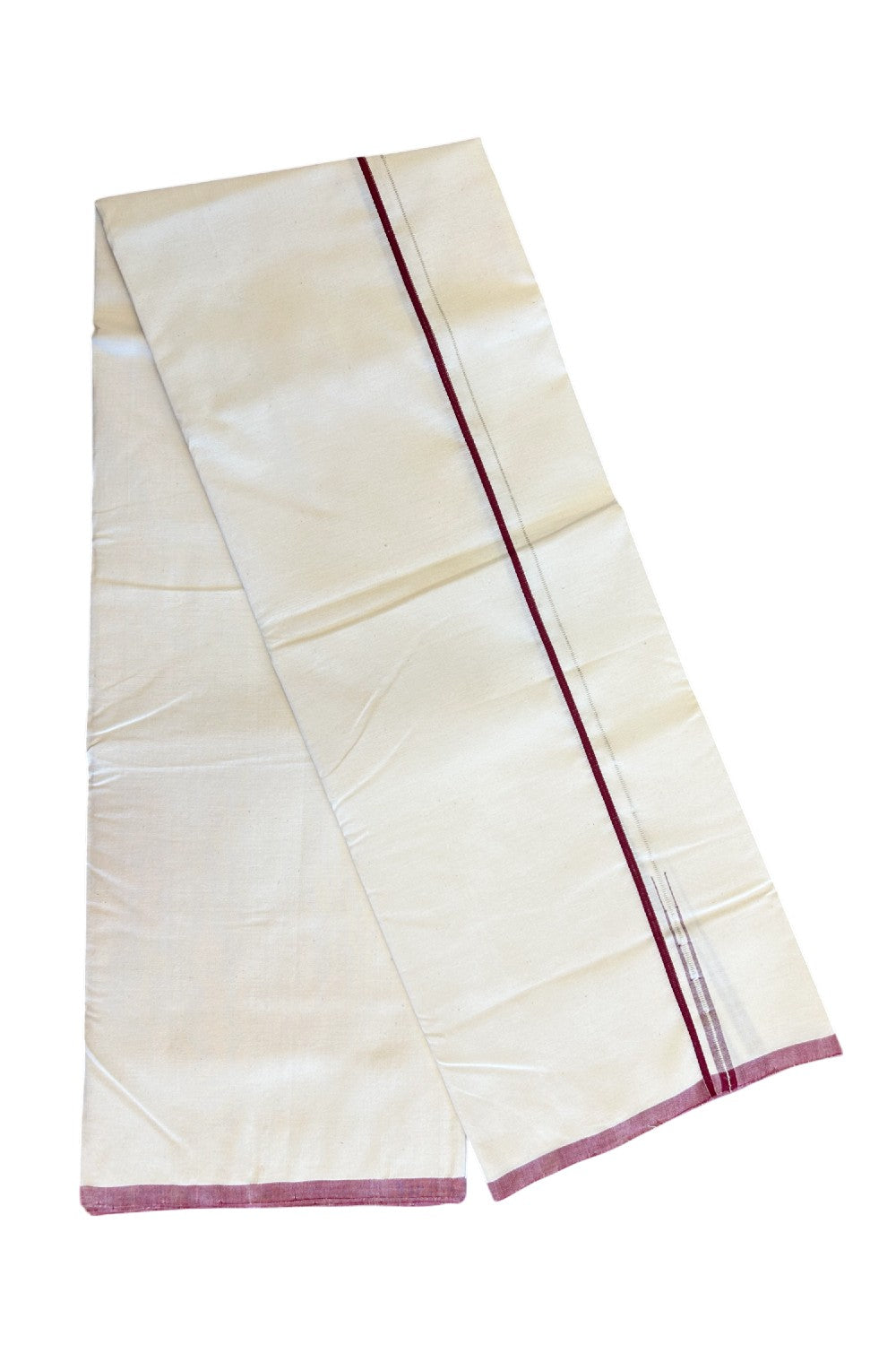 SIGNATURE KAITHARIKADA EXCLUSIVE SINGLE DHOTI - 100% Cotton Balaramapuram HANDLOOM Single Mundu/Dhoti - Off White - (Unbleached) 0.5 cm Maroon & Silver KASAVU Chutty Kara - 1KK5040KAI