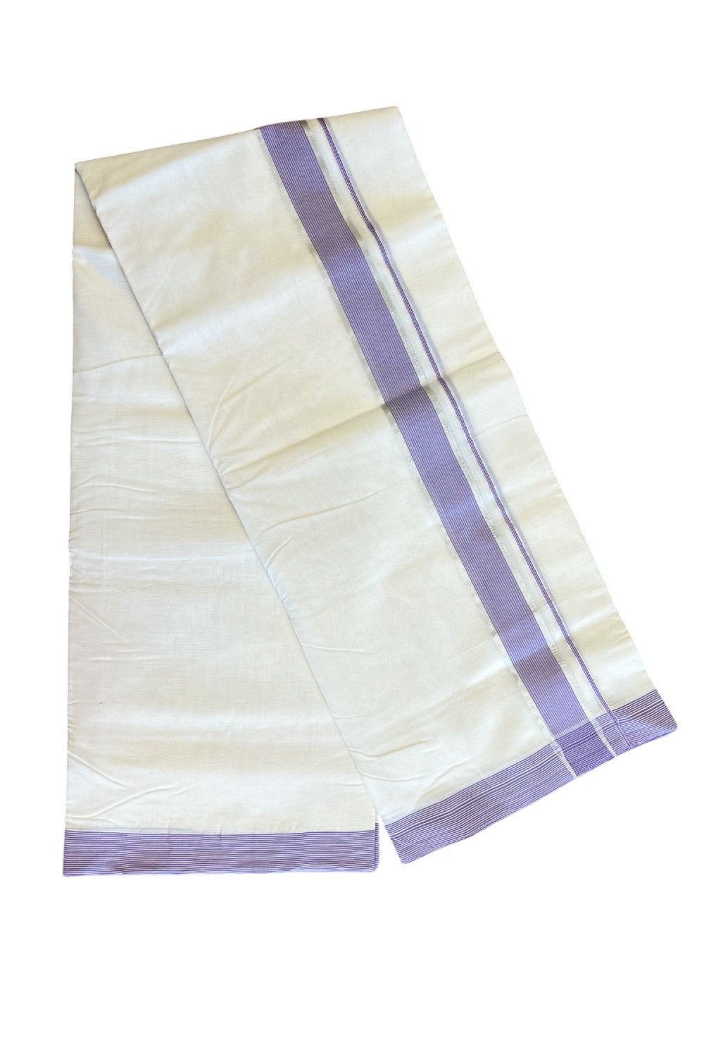 15% DISCOUNT!! KaithariKada HANDLOOM UNAKKUPAAV Balaramapuram - 100% PURE Cotton OFF White Double - (Unbleached) Mundu/Dothi - 2.25 inch Lavender & Silver Stripes Kara 4.5 Meters (10 Muzham) - 1KK5041SOM