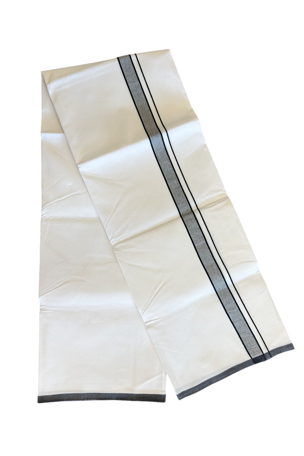 17% DISCOUNT! KaithariKada Balaramapuram 100% Cotton Pure WHITE Single Mundu/Dhoti-100s 1.25 inch BLACK Shaded kara- 1KK5043ASH