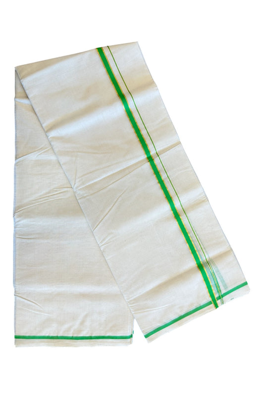 15% DISCOUNT! KaithariKada HANDLOOM Millpaav Balaramapuram - 100% PURE Cotton off white (Unbleached) Double Mundu/Dhoti -  1.cm Chutty Puliyilakkara Fluorescent Green & Kasav-129