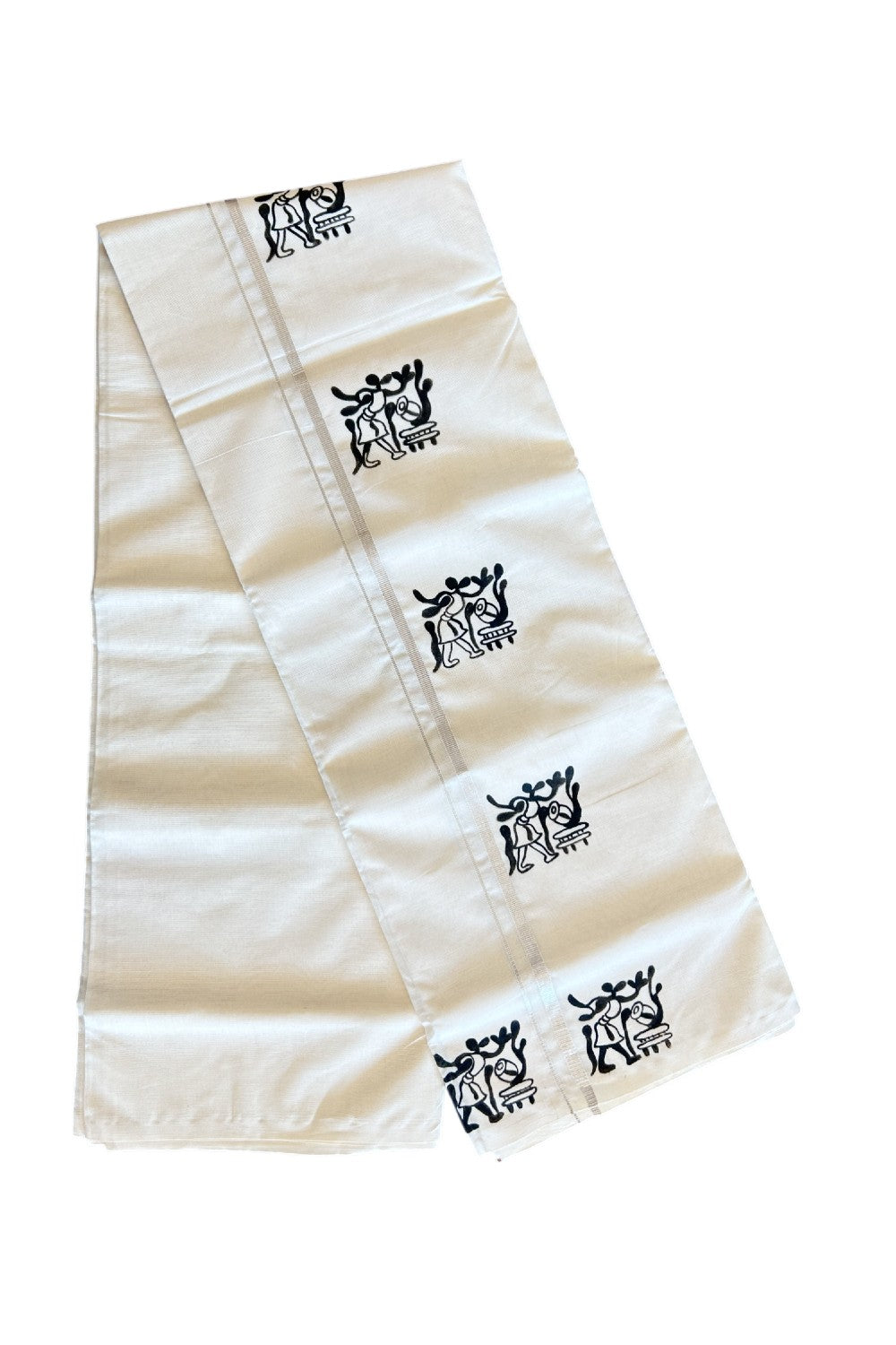 KaithariKada Balaramapuram 100% Cotton Double Off white - (Unbleached) Mundu/Dhoti-100x80 0.75 inch SILVER Kasavu & Hand Painted Mural Design Kara 3.70 meter- 1KK5046KK