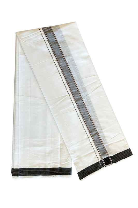 19% Disocunt! NEW PURE WHITE HANDLOOM UNAKKUPAAV Balaramapuram - 100% Cotton Double Pure White - Mundu/Dhoti - 100x100 1.75 inch BLACK & BROWN Silver Kasavu Striped Kara 3.94 mtrs - 1KK5047REA