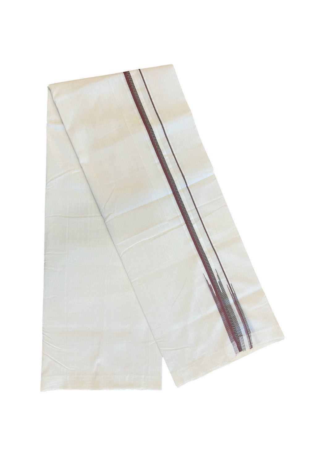 26% DISCOUNT!! KaithariKada HANDLOOM  UNAKKUPAAV Balaramapuram - 100% PURE Cotton OFF White - (Unbleached) Double Mundu/Dothi - 1 inch Puliyilakkara chutty Maroon Brown & Black  -1KK5049REA