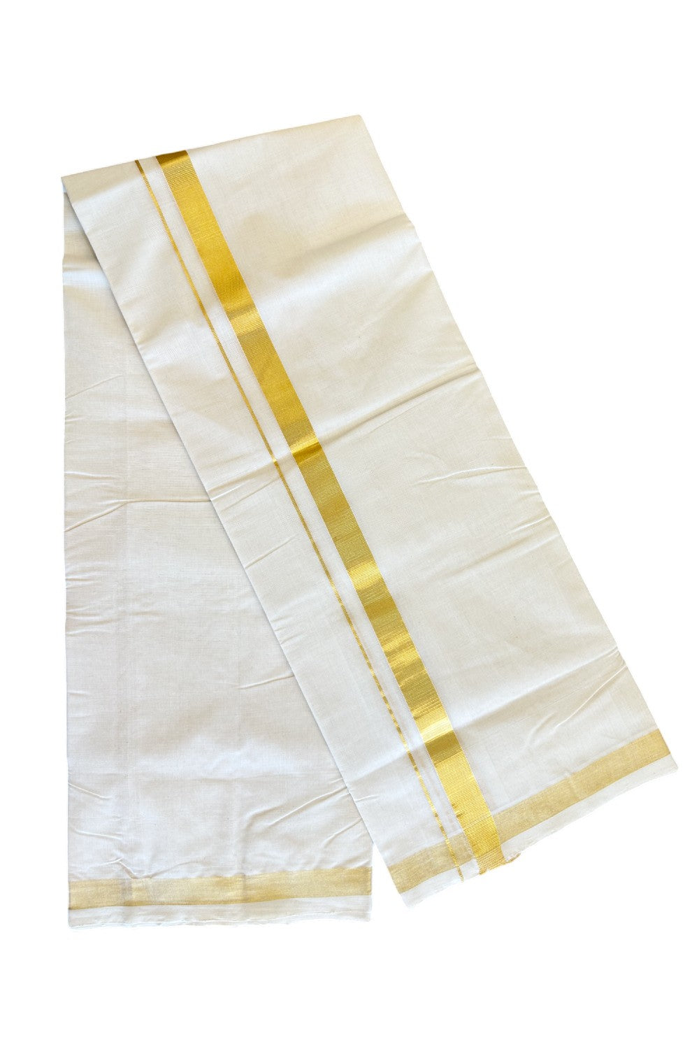 15% Discount!!! KaithariKada HANDLOOM UNAKKUPAAV Balaramapuram - 100% PURE Cotton off white Double Mundu/Dhoti - 1.75 inch Kasavu Kara - 1KK504RAM