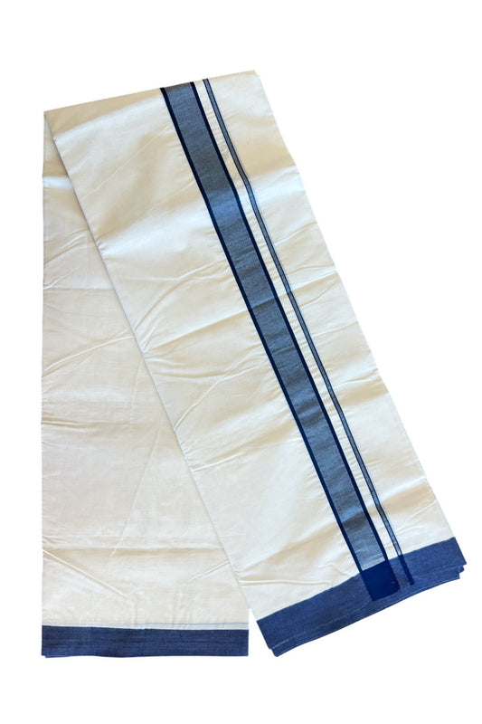 KaithariKada Balaramapuram 100% Cotton Double Off white - (Unbleached) - Mundu/Dhoti-100x100 - 2 inch Navy Blue Kara - 152