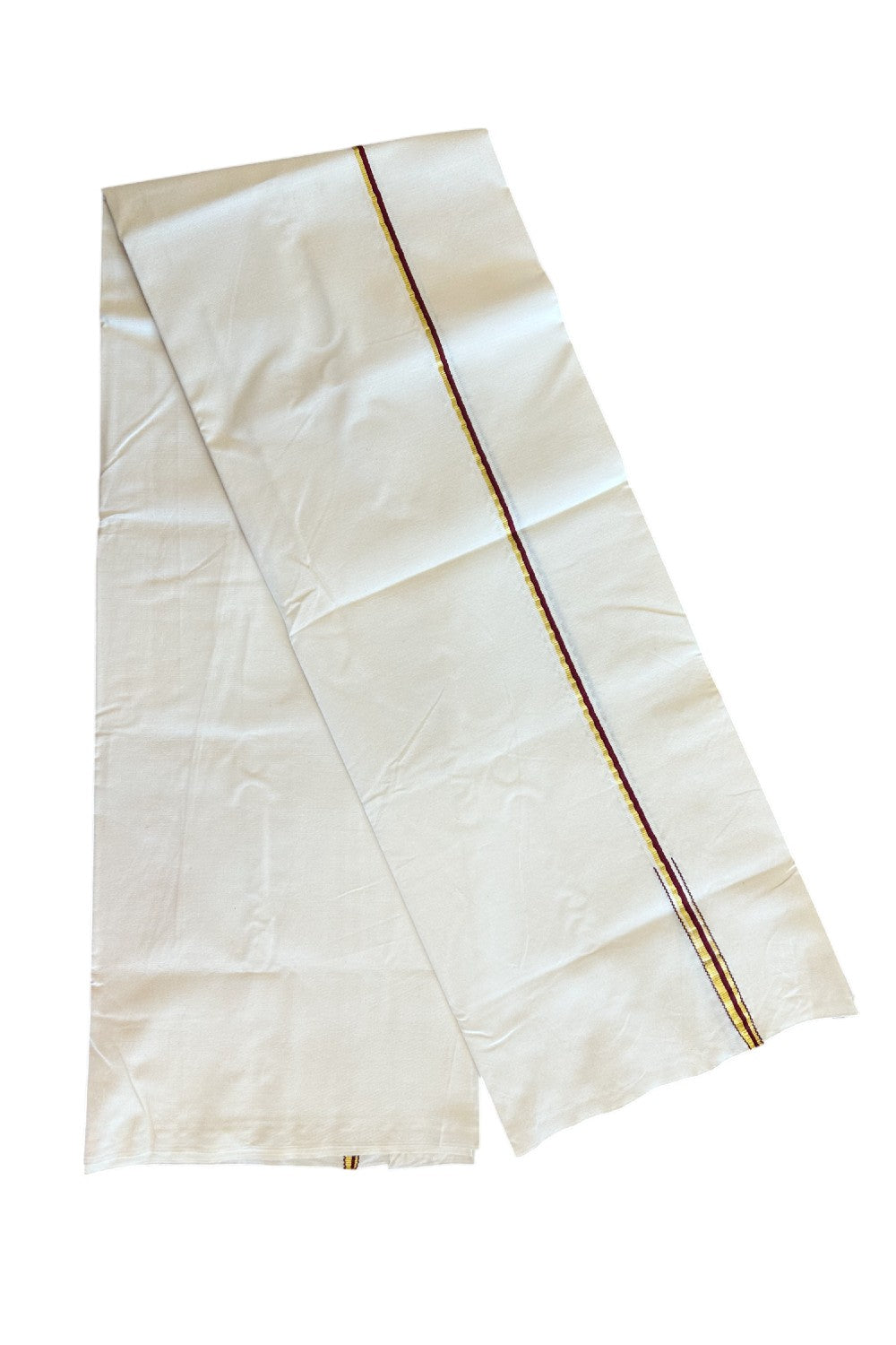 19% Discount!! KaithariKada Balaramapuram 100% COTTON SINGLE OFF WHITE - (Unbleached) Mundu/Dhoti - 100X100 - 0.5 Inch Maroon & Gold Kasav Puliyilakkara Chutty - 1KK5055ASH