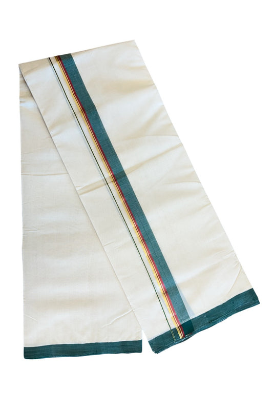 19% DISCOUNT!! KaithariKada HANDLOOM Millpaav Balaramapuram - 100% PURE Cotton OFF White Double - (Unbleached) Mundu/Dothi - 1.75 Inch Gold Kasavu  & Green Maroon Kara - 1KK5056RAM