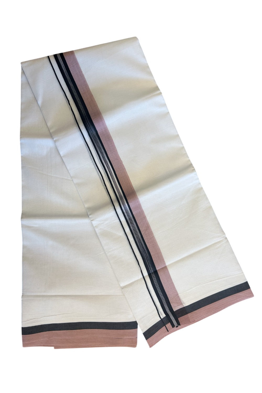 19% Discount!!! KaithariKada Balaramapuram PURE WHITE Double  Mundu/Dhoti - 80X90 - 2 inch  Dusty Rose  & Black pattern kara 3.85 meters - 1KK5058GUN