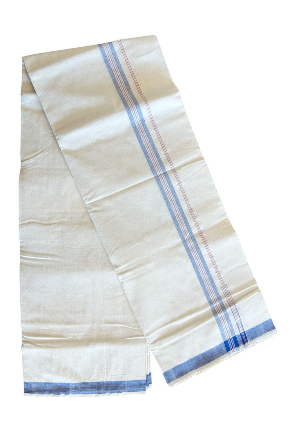 32% Discount ! KaithariKada 100% Cotton Balaramapuram HANDLOOM Single Mundu/Dhoti - Off White (Unbleached) 1.Inch Blue & Red Stripes Kasavu Puliyilakkara Chutty- KAIR04.