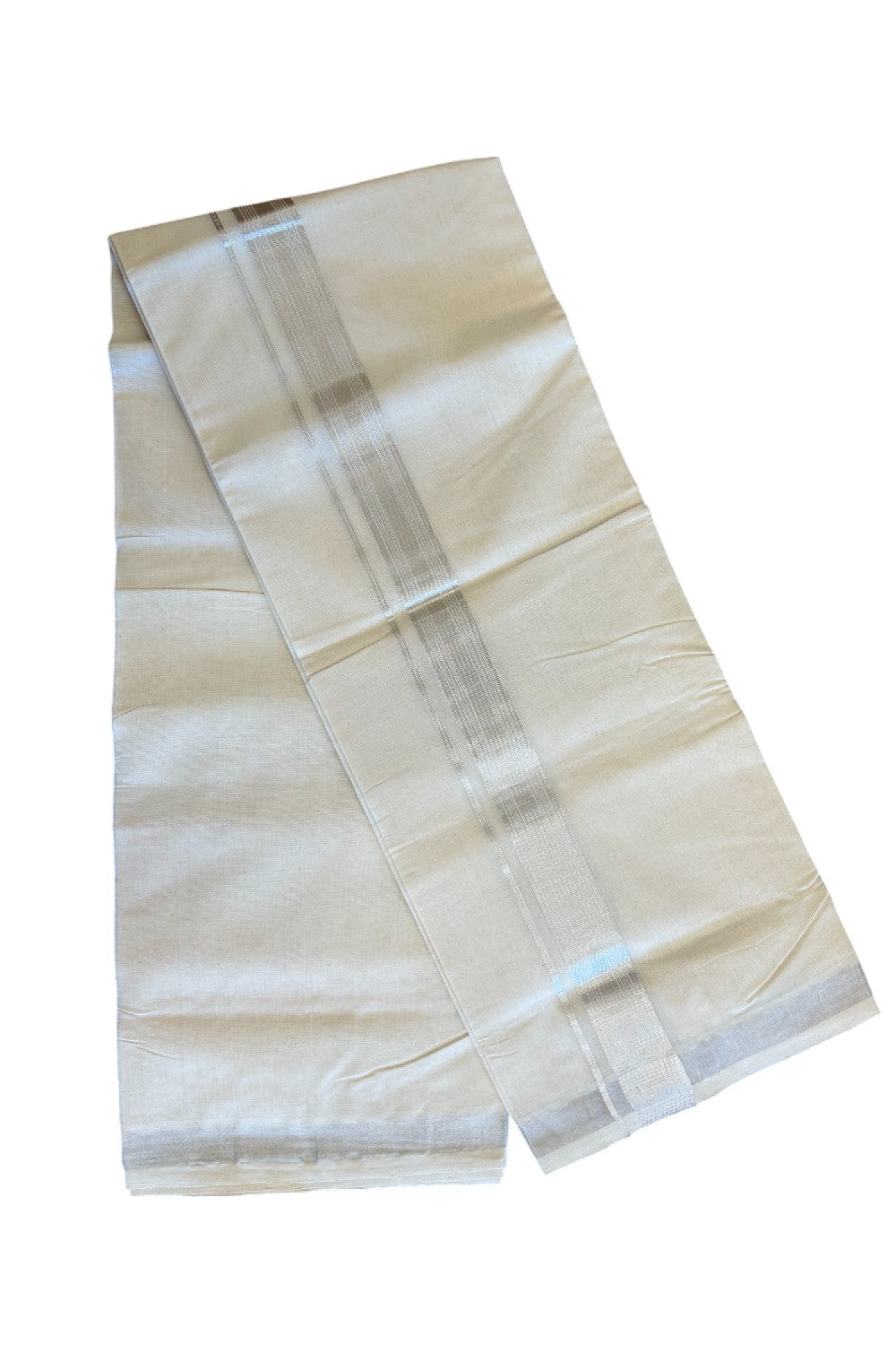 25% DISCOUNT ! KaithariKada HANDLOOM Millpaav Balaramapuram - 100% PURE Cotton Off White (Unbleached) Double Mundu/Dhoti - Silver KASAVU Stripes Design-5KK43RAN.