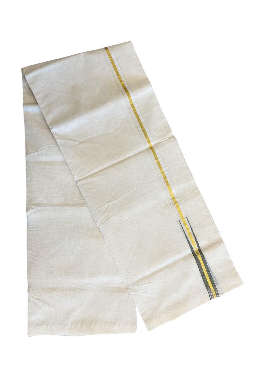 21% DISCOUNT!! KaithariKada HANDLOOM Unakkupaav Balaramapuram - 100% PURE Cotton OFF White (Unbleached) Double Mundu/Dothi - Kasavu dark olive green puliyilakkara Chutty - 2KK86RAM