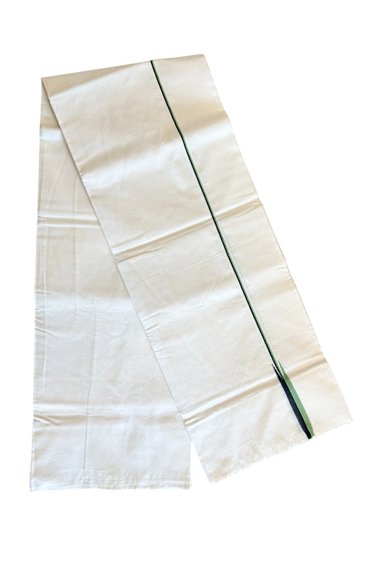 28% DISCOUNT ! KaithariKada Balaramapuram 100%  COTTON SINGLE OFF WHITE - (Unbleached) Mundu/Dhoti-100X100- 0.5 Inch  Puliyilakkara Light Green & Black Chutty (2 meter / 4 muzham)- 22KK411ASH