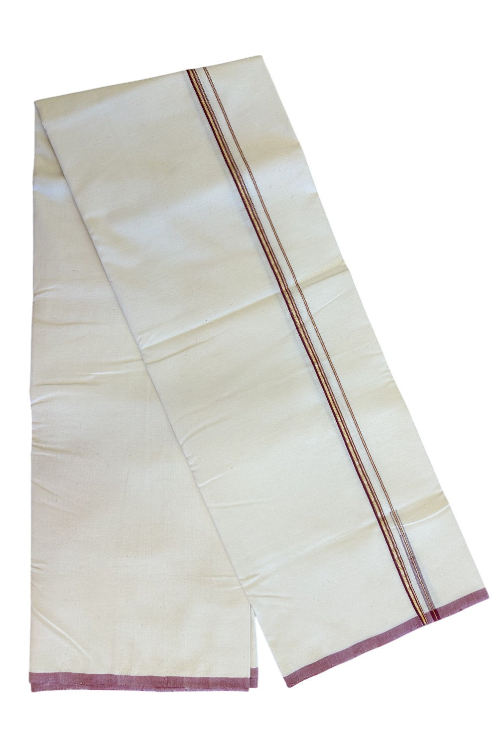 SIGNATURE KAITHARIKADA EXCLUSIVE SINGLE DHOTI - 100% Cotton Balaramapuram HANDLOOM Single Mundu/Dhoti - Off White - (Unbleached) 1 cm Maroon & KASAVU Striped Chutty Kara- 1KK5075KAI