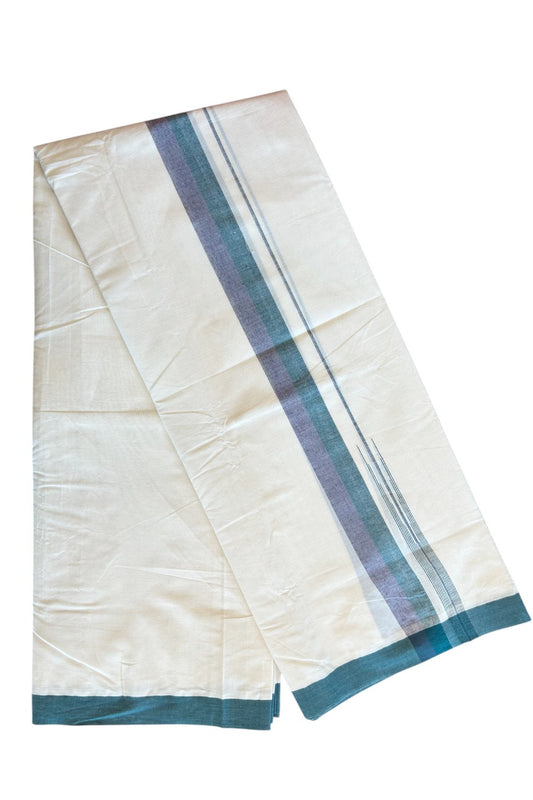 5% Discount!!! KaithariKada Balaramapuram  Double Off white - (Unbleached) Mundu/Dhoti - 80X90 - 1.75 inch Green & Violet puliyilakkara striped chutty - 1KK5077KAI