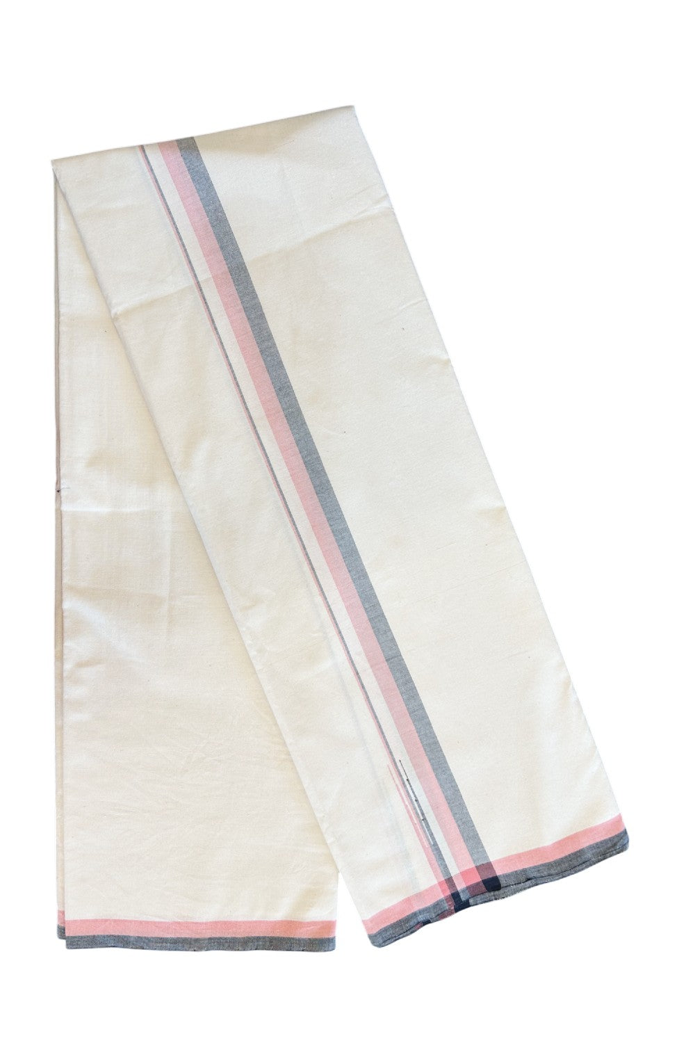 SIGNATURE KAITHARIKADA EXCLUSIVE SINGLE DHOTI - 100% Cotton Balaramapuram HANDLOOM Single Mundu/Dhoti - Off White - (Unbleached) 1 inch Peach & Black Chutty Kara- 1KK5078KAI