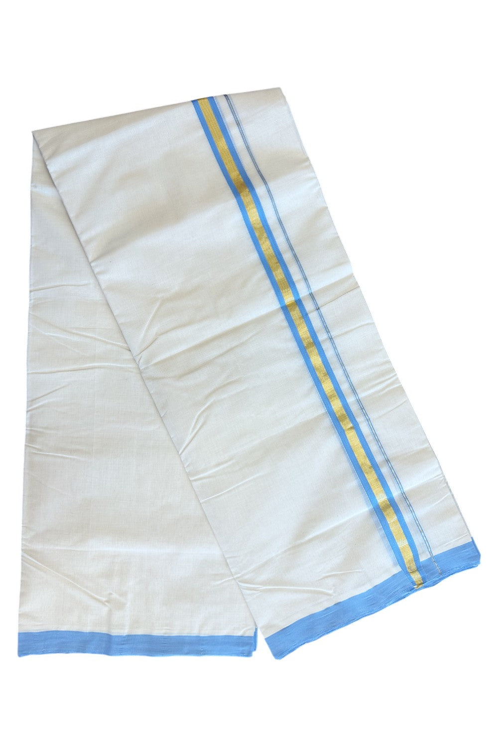 19% Discount !! KaithariKada HANDLOOM millpaav Balaramapuram - 100% PURE Cotton OFF White Double - (Unbleached)  Mundu/Dothi - 1.75  inch Kasavu Sky Blue Kara 4.5 Meters (10 Muzham) - 1KK5081RAM