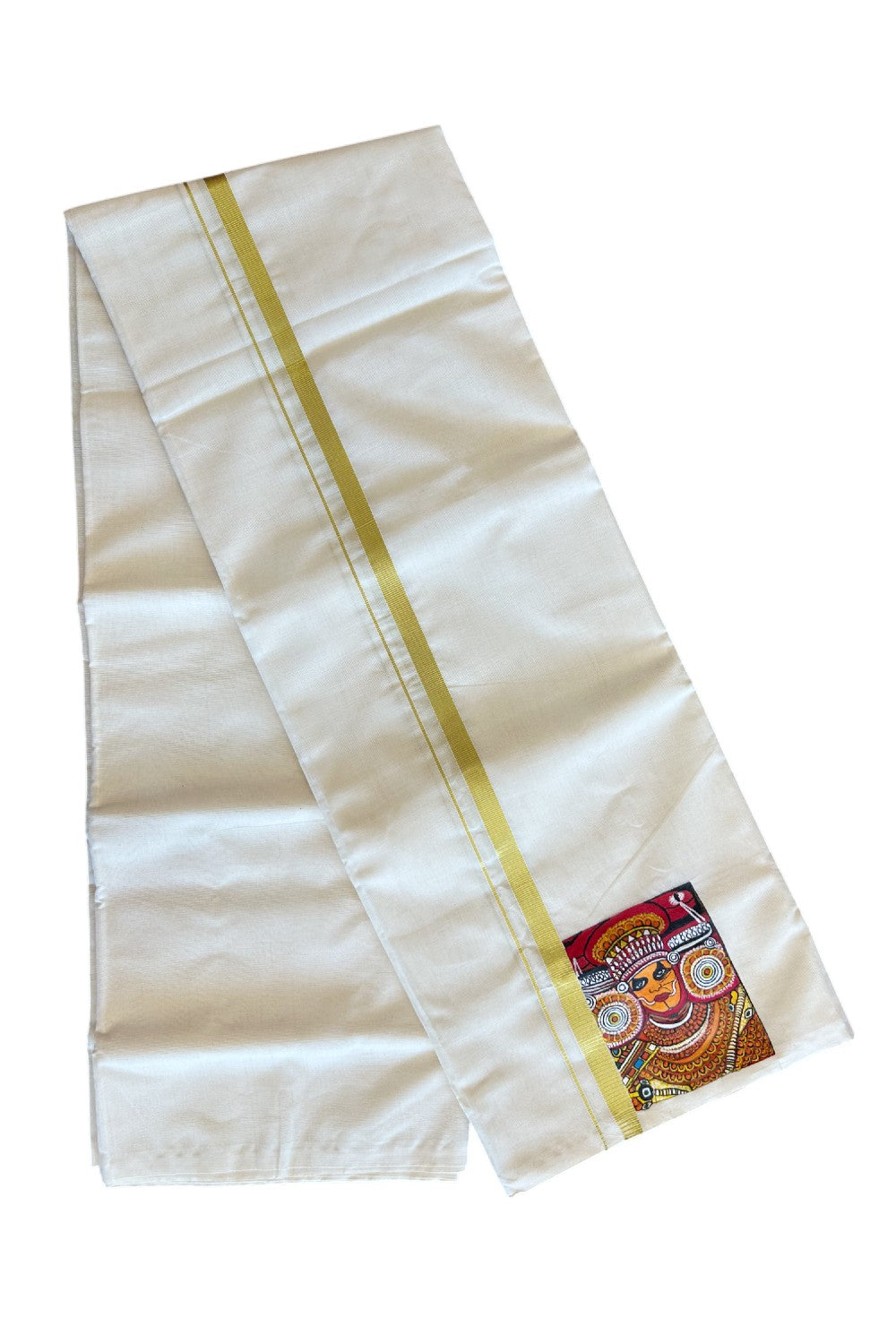 KaithariKada Balaramapuram 100% Cotton Double Off white - (Ubleached) Mundu/Dhoti-100x80 1 inch Kasavu & Hand Painted Theyyam Design Kara 3.70 meter- 1KK5083ASH