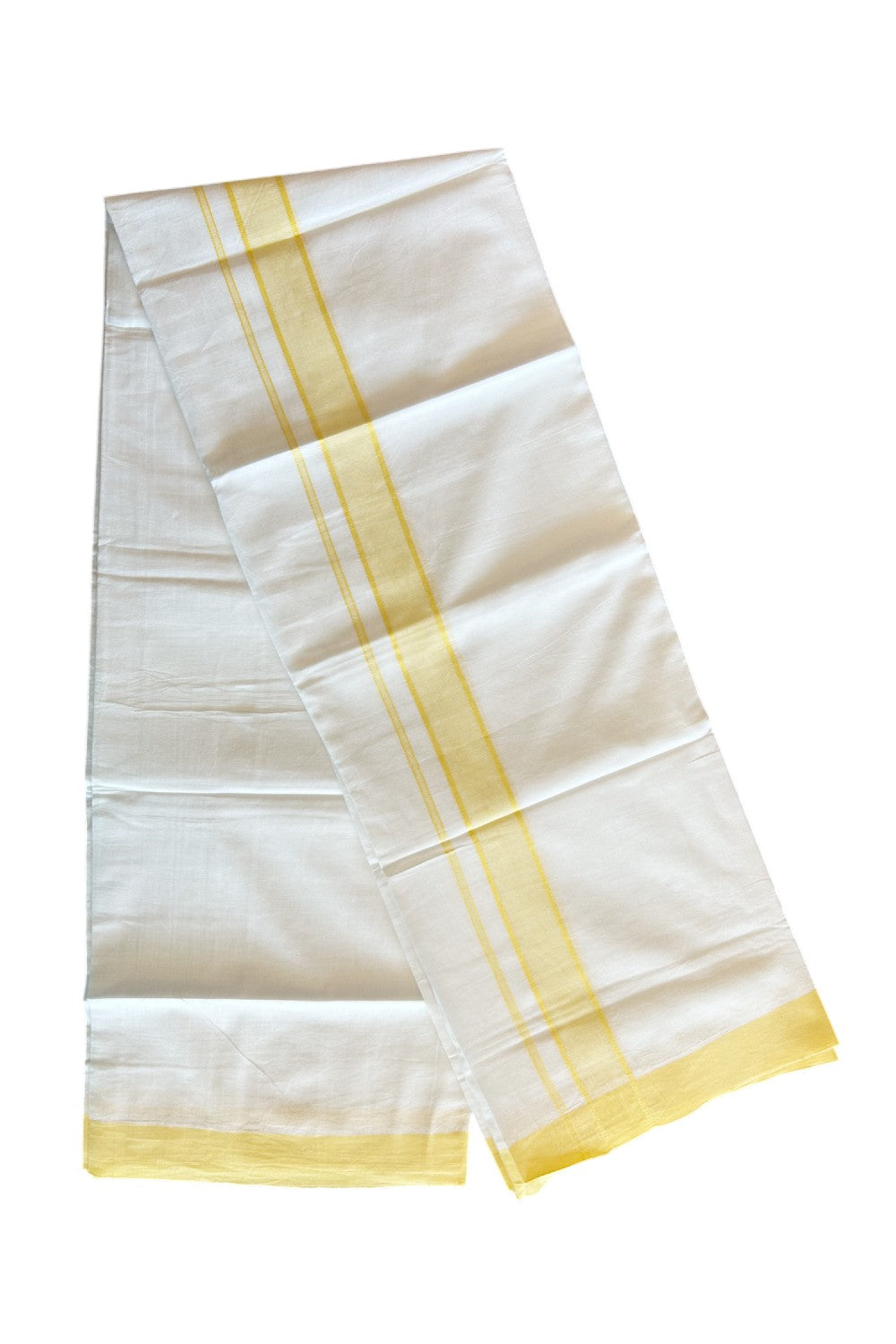 20% Discount !! Kaitharikada Balaramapuram 100% Cotton Pure WHITE Double Mundu/Dothi-100x80  2 Inch Yellow shaded kara - 1KK5085VIN